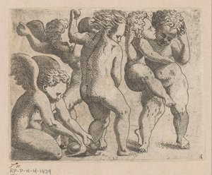 Cinque putti che giocano con frutti