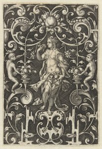 Decorazione piatta con il Gusto (Personificazioni dei cinque sensi, circondate da grottesche con animali e frutti)