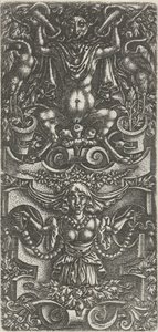 Donna con un fazzoletto e una ghirlanda di perle davanti a una costruzione di rolwerk (serie: Decorazioni piatte con grottesche in rolwerk) da Anonymous