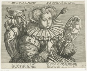 Donna con specchio e giullare: caricatura sul costoso colletto rigido, ca. 1600 da Anonymous
