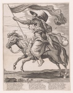 Donna su un cavallo, decorata con pesci e una rete da pesca come stendardo per il carnevale