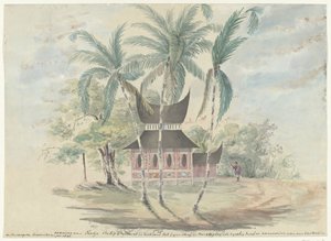 Casa di Radja Batipo, demolita e bruciata come punizione per essere stato il capo e il leader della rivolta nelle terre alte di Padang nel 1841 da Anonymous