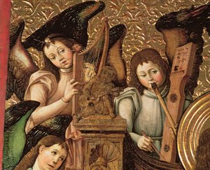 Pannello centrale di un altare dedicato a San Vincenzo Martire di Saragozza, dettaglio di Angeli che suonano l