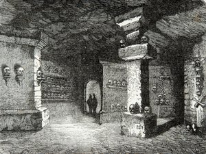 Una galleria delle catacombe a Parigi nel XIX secolo. Incisione. Collezione privata da Anonymous Anonymous