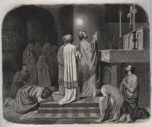 Un globo di fuoco appare sopra San Martino, vescovo di Tours (316-397), mentre lavora. Incisione del 1846 in 