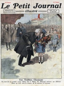 Una bambina offre un bouquet tricolore al Presidente della Repubblica Alexandre Millerand durante uno dei suoi spostamenti nel Rodano. Illustrazione tratta da “Le petit journal” del 27/03/1921. Collezione privata