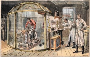 Un uomo in una campana: esperimento sul consumo di energia umana condotto da scienziati inglesi. Incisione dal giornale "Le Petit Parisien", del 24/05/1908. Collezione privata da Anonymous Anonymous