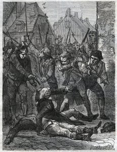 Una scena durante il periodo della Rivoluzione francese: Théobald de Dillon (1745-1792) e un ufficiale genio di nome Berthois, massacrati dai soldati e dal popolo di Lille, che li accusavano di tradimento. Incisione del 1866 in 