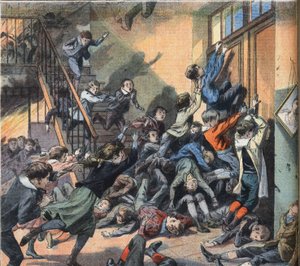 Una scuola bruciata a Cleveland (Stati Uniti). Incisione dal giornale "Le Petite Parisien", 22/03/1908. Collezione privata. da Anonymous Anonymous