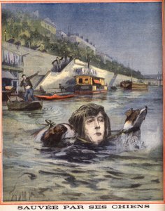 Una donna cade nella Senna e viene salvata dai suoi cani a Parigi. Incisione in "Le petit parisien" del 14/08/1910. Collezione privata da Anonymous Anonymous