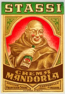 Pubblicità per liquore alle mandorle con un monaco dalle guance rosse da Anonymous Anonymous