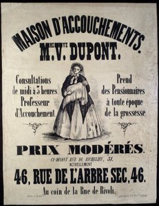Pubblicità per una casa di maternità a Parigi nel 1850. Madame Dupont, prezzi bassi al 46 rue de l
