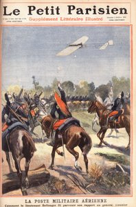 Posta militare aerea: come il tenente Georges Bellenger (1878-1977) inviò il suo rapporto al generale Meunier, prima pagina del giornale "Le Petit Parisien" del 2/10/1910 (incisione) da Anonymous Anonymous