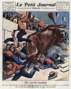 Un incidente durante una corrida a Salins-de-Giraud (Salins de Giraud) (Bouches du Rhône), un toro si precipita nella folla ferendo uno degli spettatori. Illustrazione da "Le petit journal" del 17/04/1921, collezione privata da Anonymous Anonymous