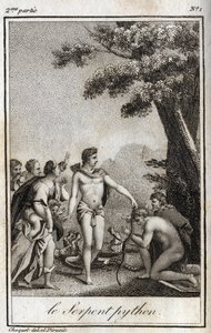 Apollo e il serpente Pitone sul Monte Parnaso. Incisione del 1819 in "Lettres a Emilie sur la mythologie" di Charles Albert Demoustier (1760-1801). Collezione privata. da Anonymous Anonymous