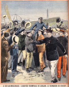 Arrivo trionfale di Alfred LeBlanc, pilota francese, vincitore del circuito aereo a Issy Les Moulineaux. Incisione in 