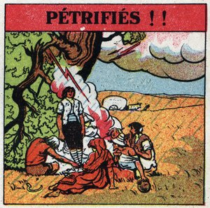 Elettricità atmosferica: uomini fulminati da un fulmine rimangono pietrificati. Illustrazione anonima del 1925. Collezione privata.