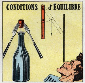 Bilancia dei solidi: condizioni di equilibrio. Esperienza con una bottiglia, un tappo e due forchette. Illustrazione anonima del 1925. Collezione privata. da Anonymous Anonymous