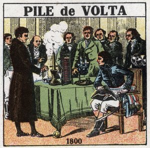 Batterie e accumulatori: Alessandro Volta (1745-1827) presentò nel 1801 al console Napoleone Bonaparte (1769-1821) all