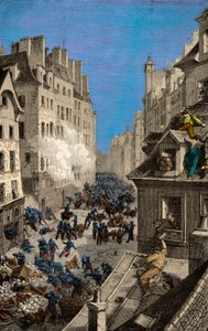 Battaglia alla Barricata di Rue Saint Antoine nel 1830. Incisione. Collezione privata da Anonymous Anonymous