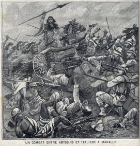 Battaglia tra gli Abissini di Menelik II e gli Italiani a Makalle, Etiopia. Incisione in "Le Petit Parisien" da Anonymous Anonymous