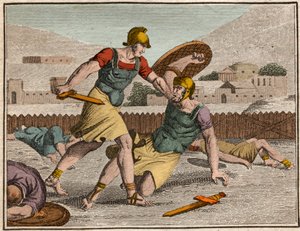 Battaglia degli Orazi e Curiazi - Battaglia tra Orazi e Curiazi - Incisione da “Le Rollin de la Jeunesse ou Morceaux Choisis des Histoires Anciennes et Romaines” 1816 - Collezione privata da Anonymous Anonymous