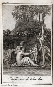 Nascita di Bacco, figlio di Giove e Semele. Incisione del 1819 in “Lettres à Emilie sur la mythologie” di Charles Albert Demoustier (1760-1801). Collezione privata