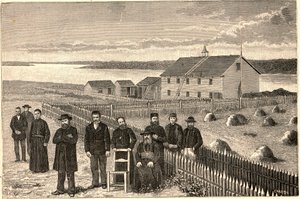 Vescovo Isidore Clut (1832-1903), R.P. Le Corre e altri membri della Missione della Provvidenza in Athabaska Mackenzie in Canada alla fine del XIX secolo. Incisione in "Les Missions Catholiques au XIXème Siècle" di Louis-Eugène Louvet.