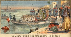 Imbarco dei cavalieri senegalesi con le loro mogli. Incisione dal giornale 