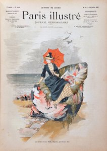 In riva al mare, allegoria di Habert Dys. Elegante donna con un ombrello seduta su una conchiglia gigante posa sulla sabbia di una spiaggia. Incisione del 1887 in "Paris-Illustrous journal weekly" da Anonymous Anonymous