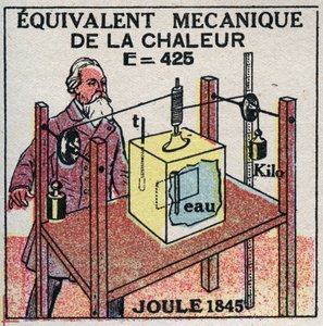 Calorimetria: equivalente meccanico del calore scoperto da James Prescott Joule nel 1845. Illustrazione anonima del 1925. Collezione privata.