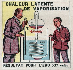 Calorimetria: il calore latente di vaporizzazione misurato dal calorimetro di Marcellin Berthelot (1827-1907). Illustrazione anonima del 1925. Collezione privata