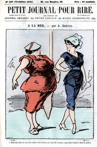 Vignetta su persone in mare. Due donne, una delle quali parla di moda: "Dimmi dove hai comprato il tuo vestito che ti rende così magra; guarda quanto cresce il mio." Incisione in "Petit Journal pour Rire" di A. Grévin da Anonymous Anonymous