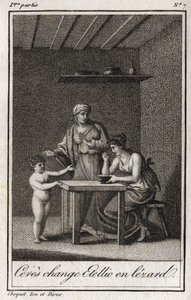 Cerere trasforma Stellione in una lucertola. Incisione del 1819 in "Lettres a Emilie sur la mythologie" di Charles Albert Demoustier (1760-1801). Collezione privata.