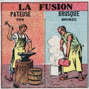Cambiamenti di stato: fusione del ferro e fusione improvvisa del bronzo. Illustrazione anonima del 1925. Collezione privata da Anonymous Anonymous