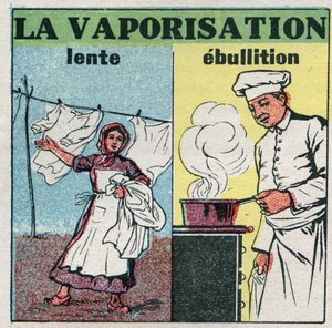 Cambiamenti di stato: lenta vaporizzazione (azione del vento) o ebollizione (calore sotto una pentola). Illustrazione anonima del 1925. Collezione privata da Anonymous Anonymous