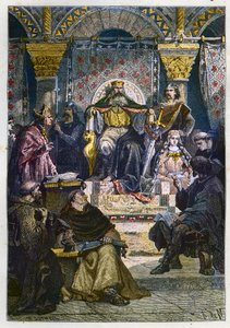 Carlo Magno (742 - 814) sul suo trono che presiede l