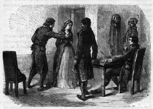 Charlotte Corday (1768-1793) esaminata da François Chabot (1756-1794) - Incisione in "Histoire des Girondins" di Alphonse de Lamartine (1790-1869) 1865-1866. Collezione privata