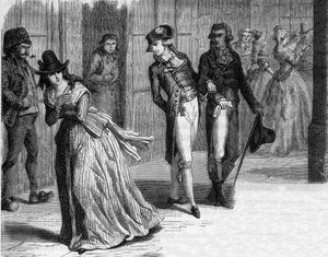 Charlotte Corday dal coltellinaio Badin, sotto i portici del Palais-Royal nel 1793 - Incisione in "Histoire des Girondins" di Alphonse de Lamartine (1790-1869) 1865-1866 - Collezione privata da Anonymous Anonymous
