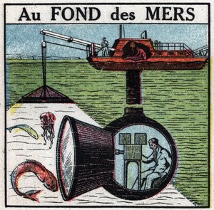 Cinematografo: riprese di un film sul fondo dei mari. Illustrazione anonima del 1925. Collezione privata.