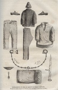 Abbigliamento e ferri ricevuti da un forzato arrivato al bagne di Rochefort nel XIX secolo (dal disegno originale di Clemans, forzato del bagne nel 1840). Incisione in "Histoire des bagnes depuis leur création à nos jours" (1877) di Pierre Zaccone (1817-18 da Anonymous Anonymous