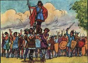 Clodoveo (re dei Franchi dal 481 al 511) fu eletto re dai Salii che lo portarono sul baluardo (scudo) mentre girava per il campo. Illustrazione anonima in "Collection des souverains et chefs d