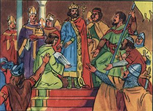 Incoronazione di Ugo Capeto (941-996) a Noyon nel 987, da Adalberone (ca. 925-990), arcivescovo di Reims. Questa incoronazione segnò l