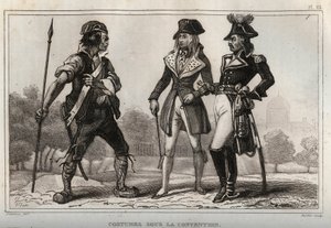 Costumi sotto la Convenzione. Incisione del 1859 in "Le Monde. Storia di tutti i popoli dai tempi più remoti ai giorni nostri" di M. E. de Lostalot-Bachoue. Collezione privata