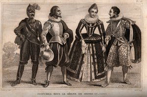 Costumi sotto il regno di Enrico IV (1590). Incisione del 1859 in "Le Monde. Storia di tutti i popoli dai tempi più remoti ai giorni nostri" di M. E. de Lostalot-Bachoue. Collezione privata da Anonymous Anonymous