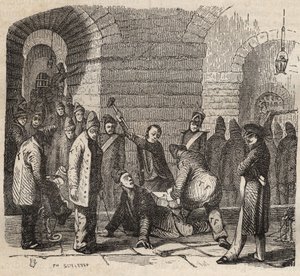 Accoppiamento al Bagne di Rochefort nel XIX secolo. Incisione in "Histoire des bagnes depuis leur création à nos jours" (1877) di Pierre Zaccone (1817-1895). Collezione privata da Anonymous Anonymous