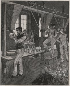 Laboratorio di incisori di cristallo in Francia nel XIX secolo. Incisione del 1885 in 