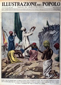 Manifestazione guidata dal leader politico Mohandas Karamchand Gandhi (1869-1948) per protestare contro le autorità inglesi, raffigurante una cerimonia durante la cosiddetta Marcia dei Martiri verso Jalaipur. Illustrazione tratta da 
