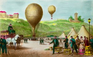 Partenza di un pallone postale e piccioni viaggiatori durante l