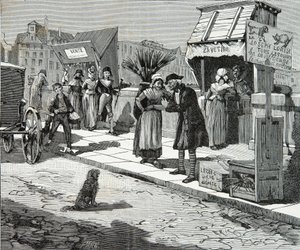 Toelettatori di cani sul ponte nove di Parigi intorno al 1796, Incisione, Collezione privata da Anonymous Anonymous
